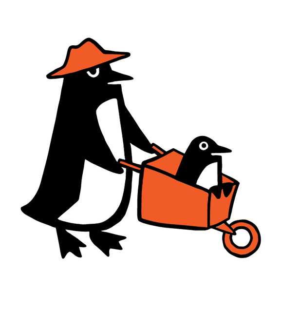 Penguin pushing another penguin in a wheelbarrow