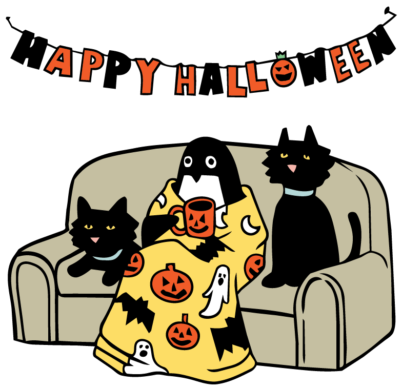 penguin on a sofa under a Halloween blanket with two black cats