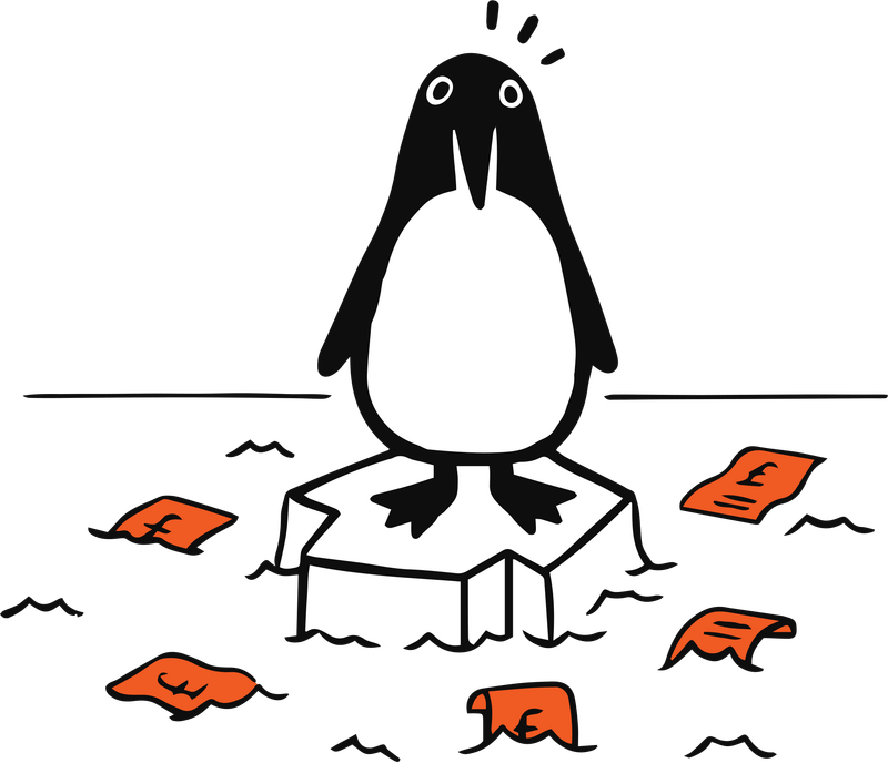 Penguins surrounded by bills