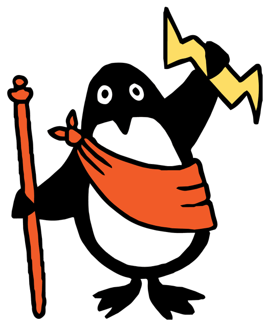 Penguin dressed as Zeus, holding a lightning bolt