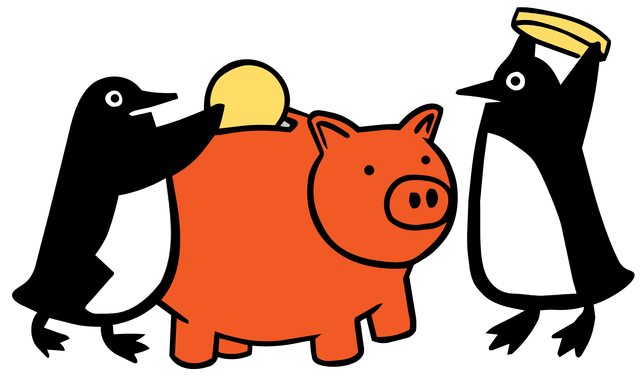 Two penguins putting a coin in a piggy bank